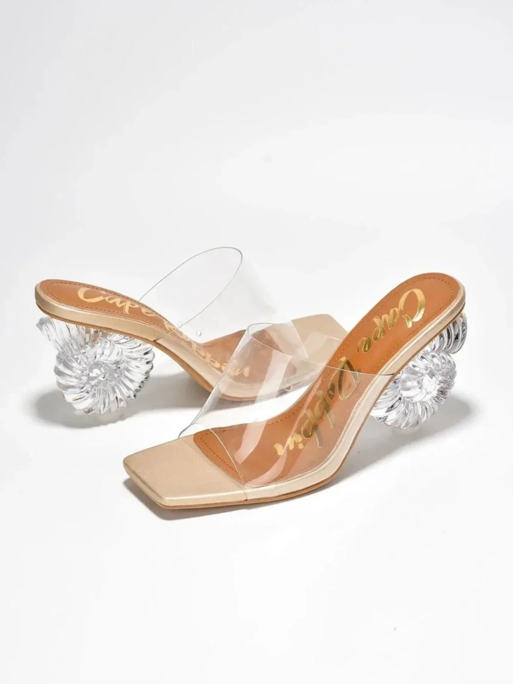 Cape Robbin Clear Strap Mule Heels with Gold Insole